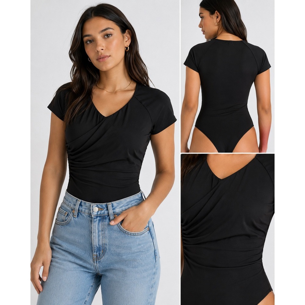 White Birch Black Ruched Draped Short Sleeve Bodysuit V-Neck Size Small